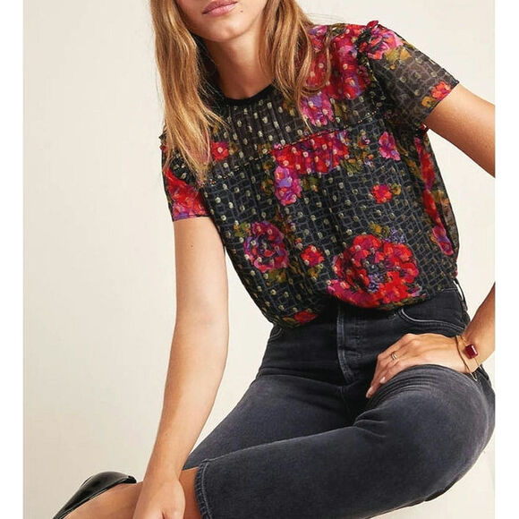 Anthropologie Fiorella Floral Blouse Gold Metallic Beaded Black Pink Red 4 - Picture 13 of 16